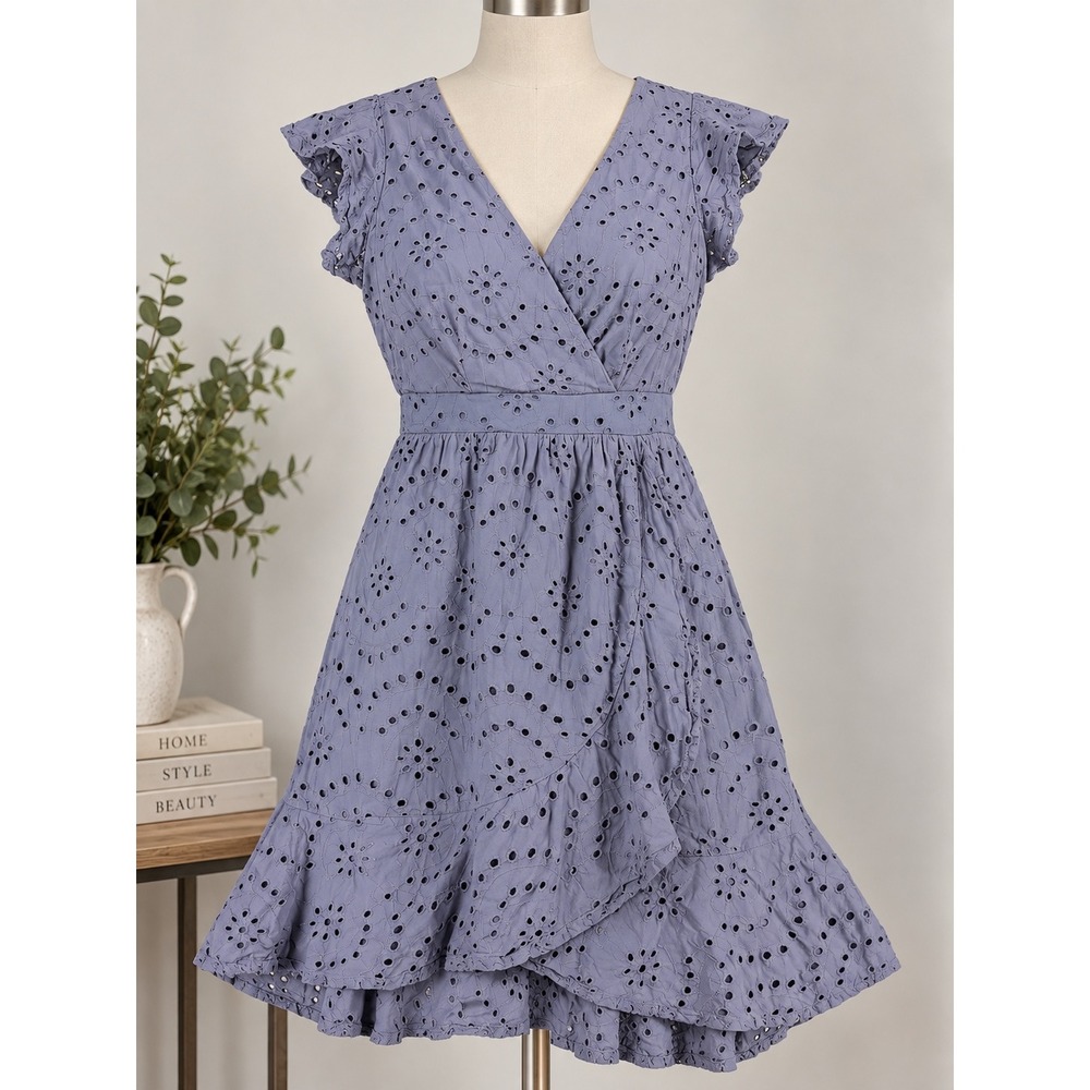 Womens Coquette Blue Eyelet Cotton Flutter Sleeve Wrap Ruffle Dress Size Small